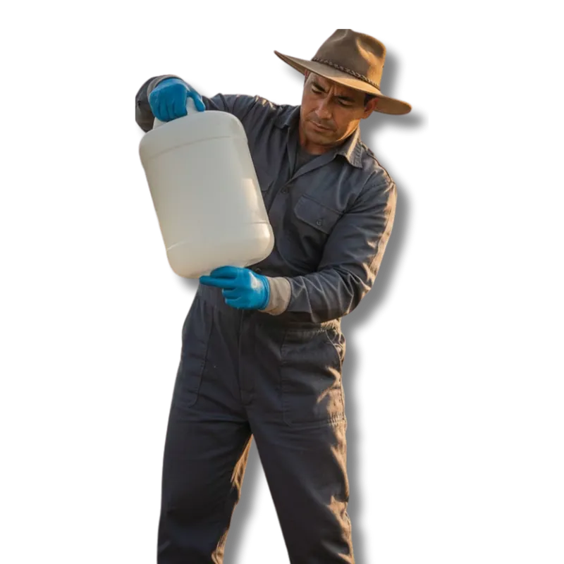 Agricultor con equipo de protección sosteniendo un envase vacío