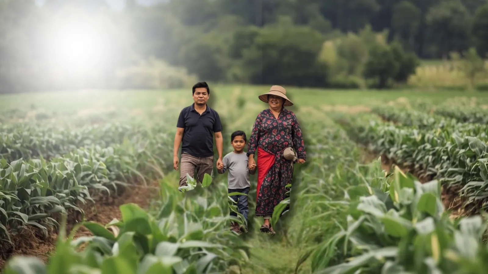 Familia de productores caminando entre cultivos de maíz