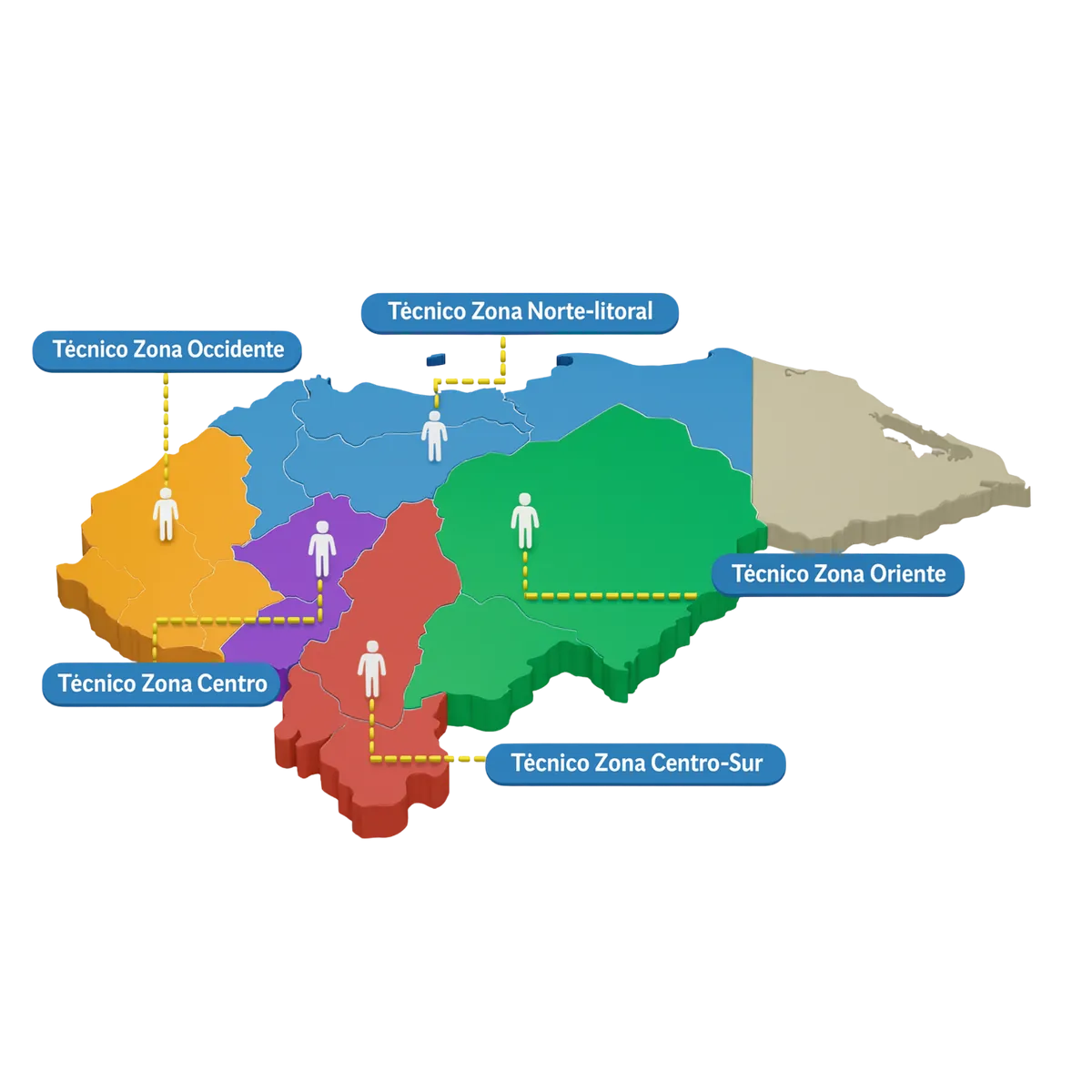 Mapa de Honduras dividido en zonas técnicas: Occidente, Norte-litoral, Centro-Oriente y Centro-Sur